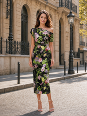 Black and Multi-Color Floral Sequin Mesh One-Shoulder Sheath Midi Gown Dress