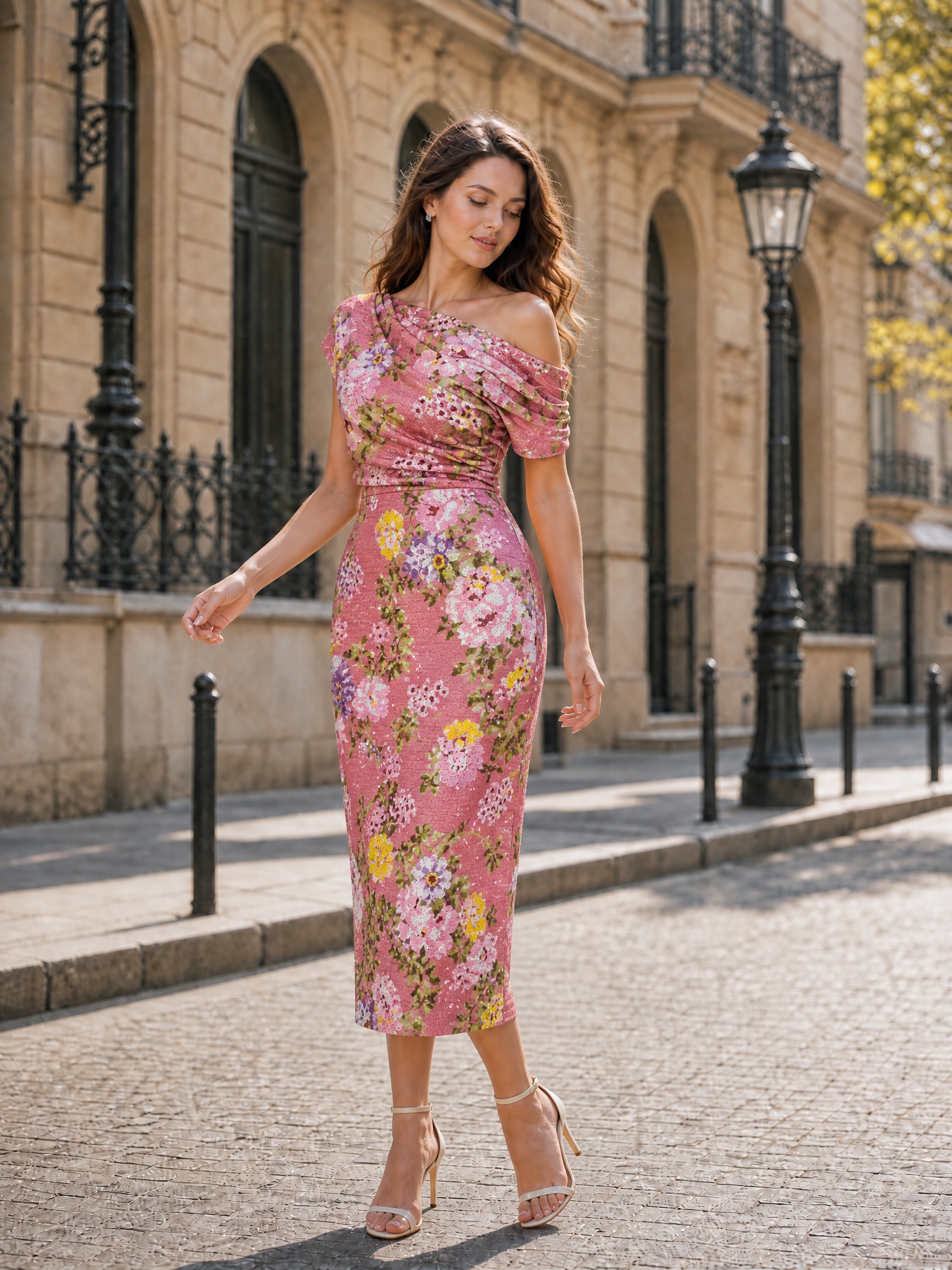 Black and Multi-Color Floral Sequin Mesh One-Shoulder Sheath Midi Gown Dress