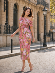Black and Multi-Color Floral Sequin Mesh One-Shoulder Sheath Midi Gown Dress