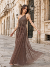 One-Shoulder Mocha Brown Embellished Tulle Evening Dresses with Floor-Length A-Line Skirt