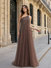 One-Shoulder Mocha Brown Embellished Tulle Evening Dresses with Floor-Length A-Line Skirt