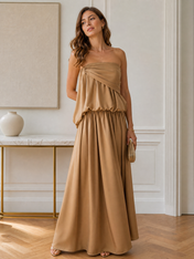 Strapless Caramel Satin Silk Evening Dresses with Draped Bodice and A-Line Skirt