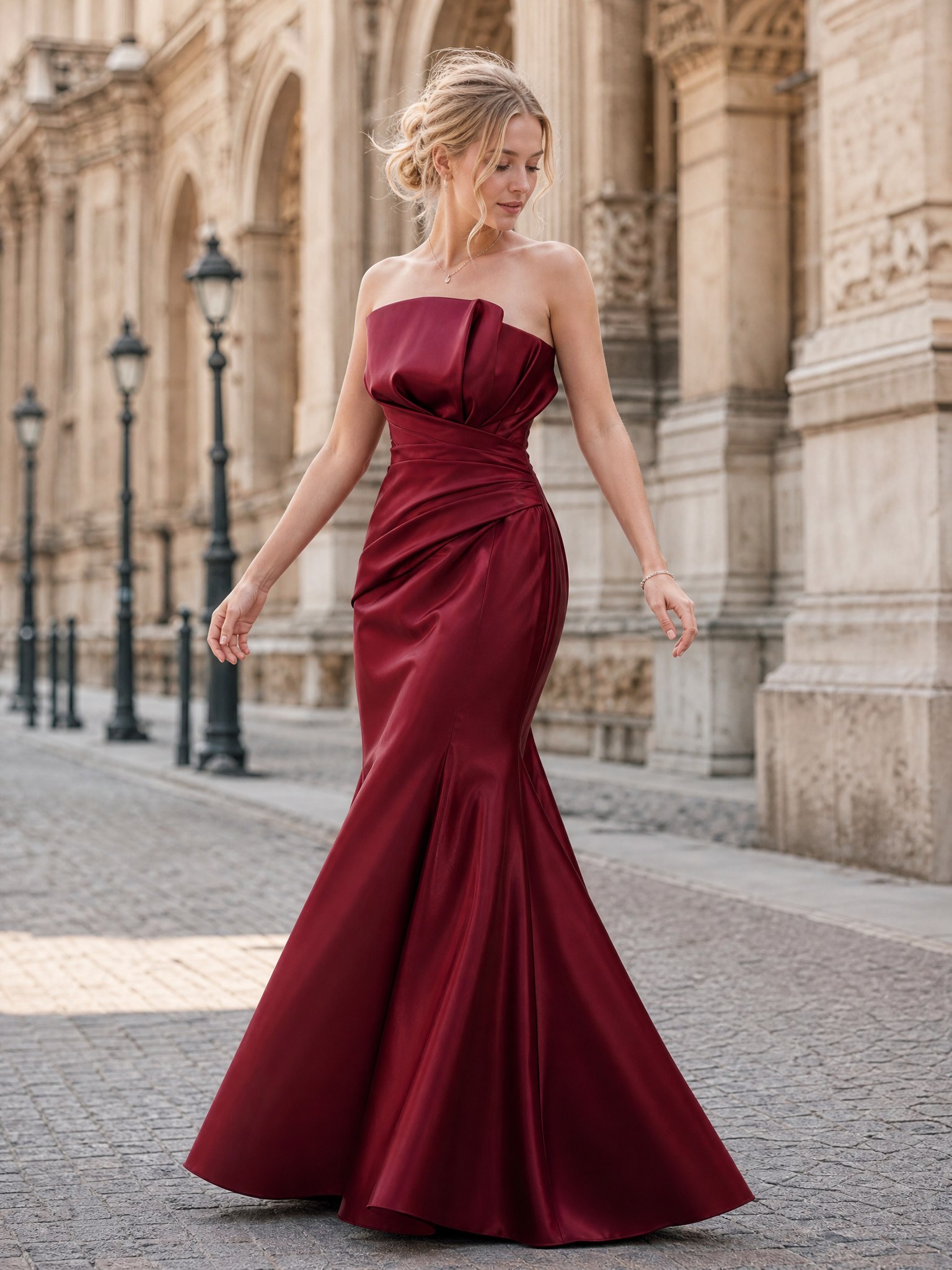 Strapless Wine Red Pleated Satin Evening Dresses with Draped Bodice and Mermaid Skirt