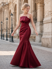 Strapless Wine Red Pleated Satin Evening Dresses with Draped Bodice and Mermaid Skirt