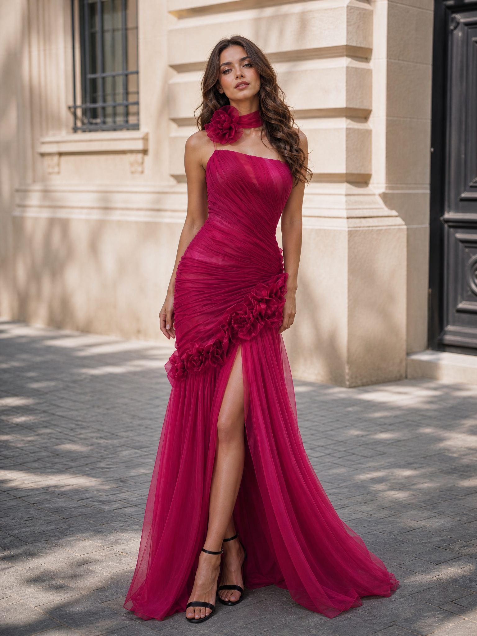 Fuchsia Tulle Strapless Floral Choker Mermaid High-Slit Floor-Length Gown Dress