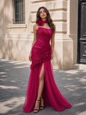 Fuchsia Tulle Strapless Floral Choker Mermaid High-Slit Floor-Length Gown Dress