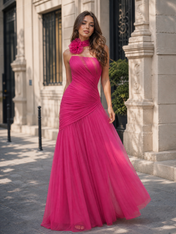 Fuchsia Tulle Strapless Floral Choker Mermaid Floor-Length Gown Dress