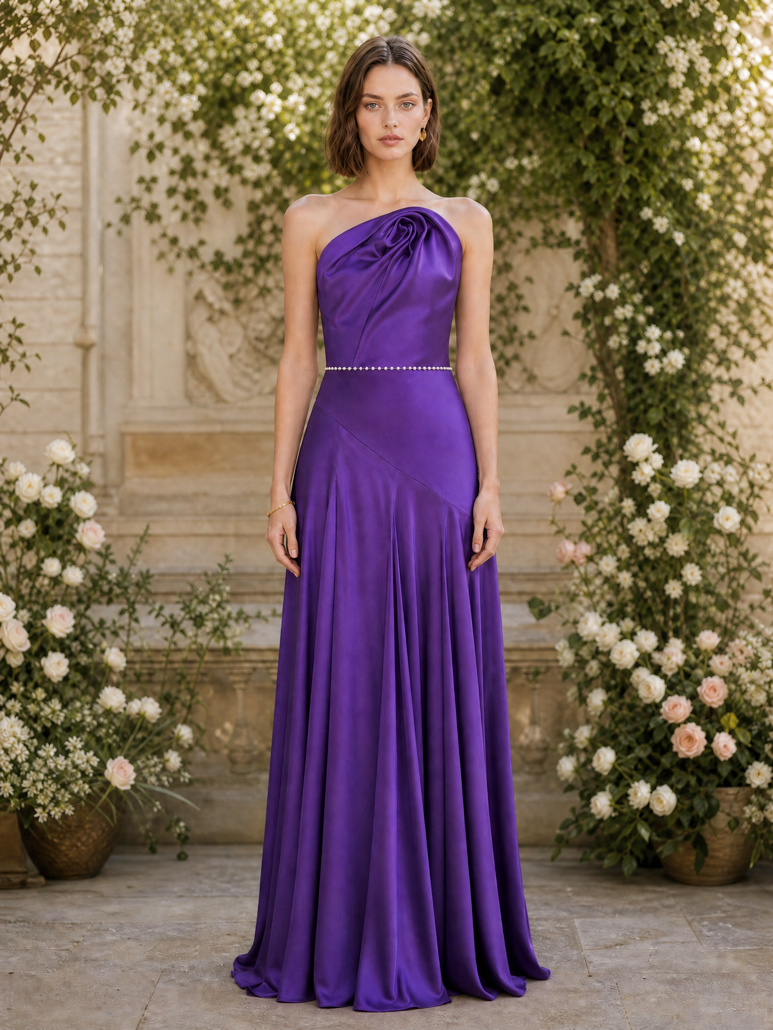 Purple Rose Draped Asymmetric Satin Floor-Length Gown Dress