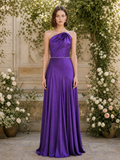Purple Rose Draped Asymmetric Satin Floor-Length Gown Dress