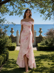 Blush Pink Floral Jacquard Off-The-Shoulder High-Slit High-Low Floor-Length Gown Dress