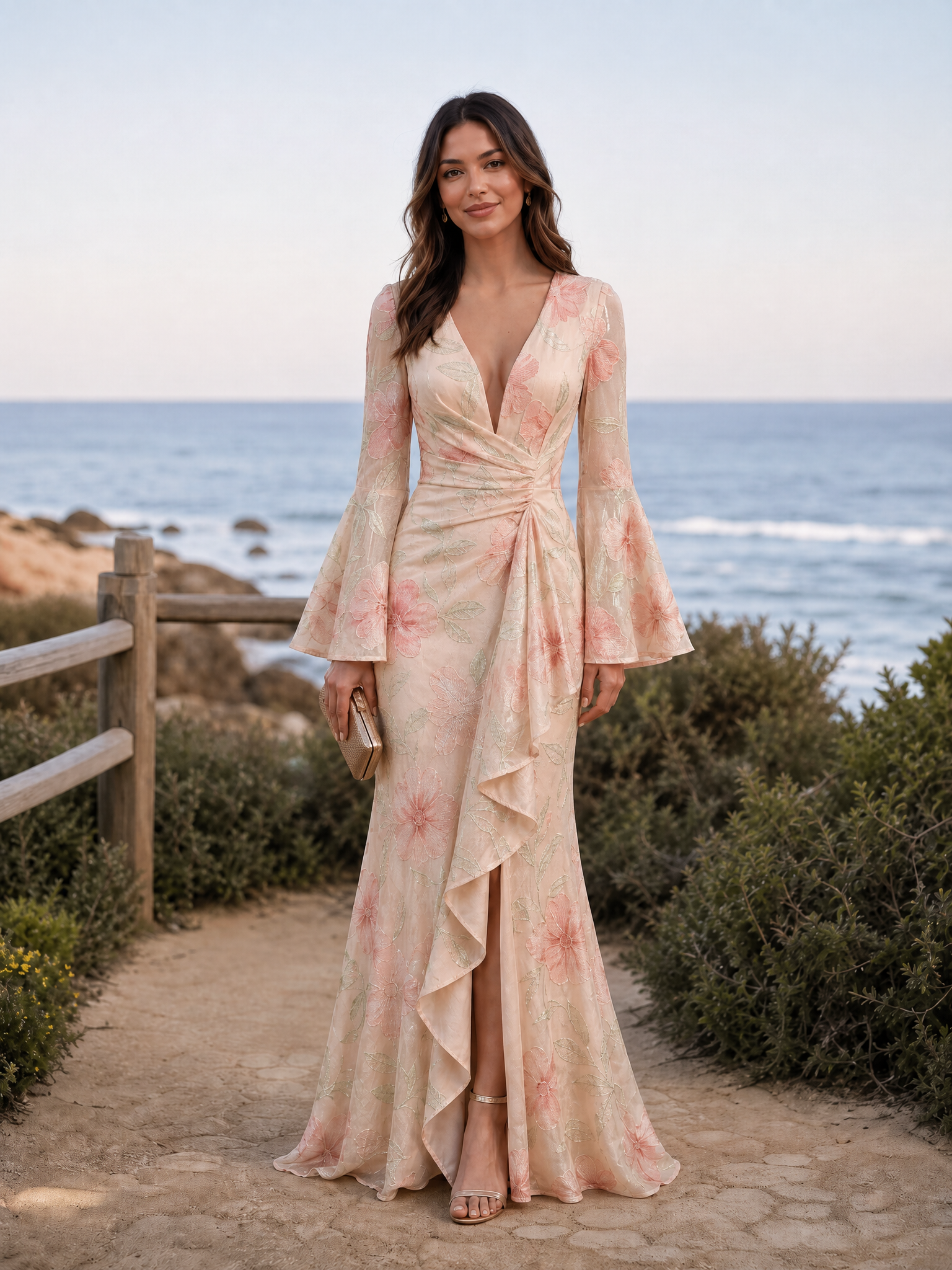 Blush Pink Floral Chiffon V-Neck Ruffled High-Slit Mermaid Floor-Length Gown Dress