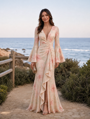 Blush Pink Floral Chiffon V-Neck Ruffled High-Slit Mermaid Floor-Length Gown Dress