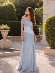 Dusty Blue Satin Chiffon Off-The-Shoulder Ruched Draped Floor-Length Gown Dress