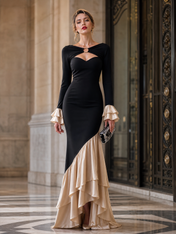 Black and Champagne Satin Crepe Keyhole Ruffled-Hem Sheath Floor-Length Gown Dress
