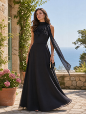 High-Neck Floral Beaded Chiffon A-Line Evening Dresses with Shoulder Drape
