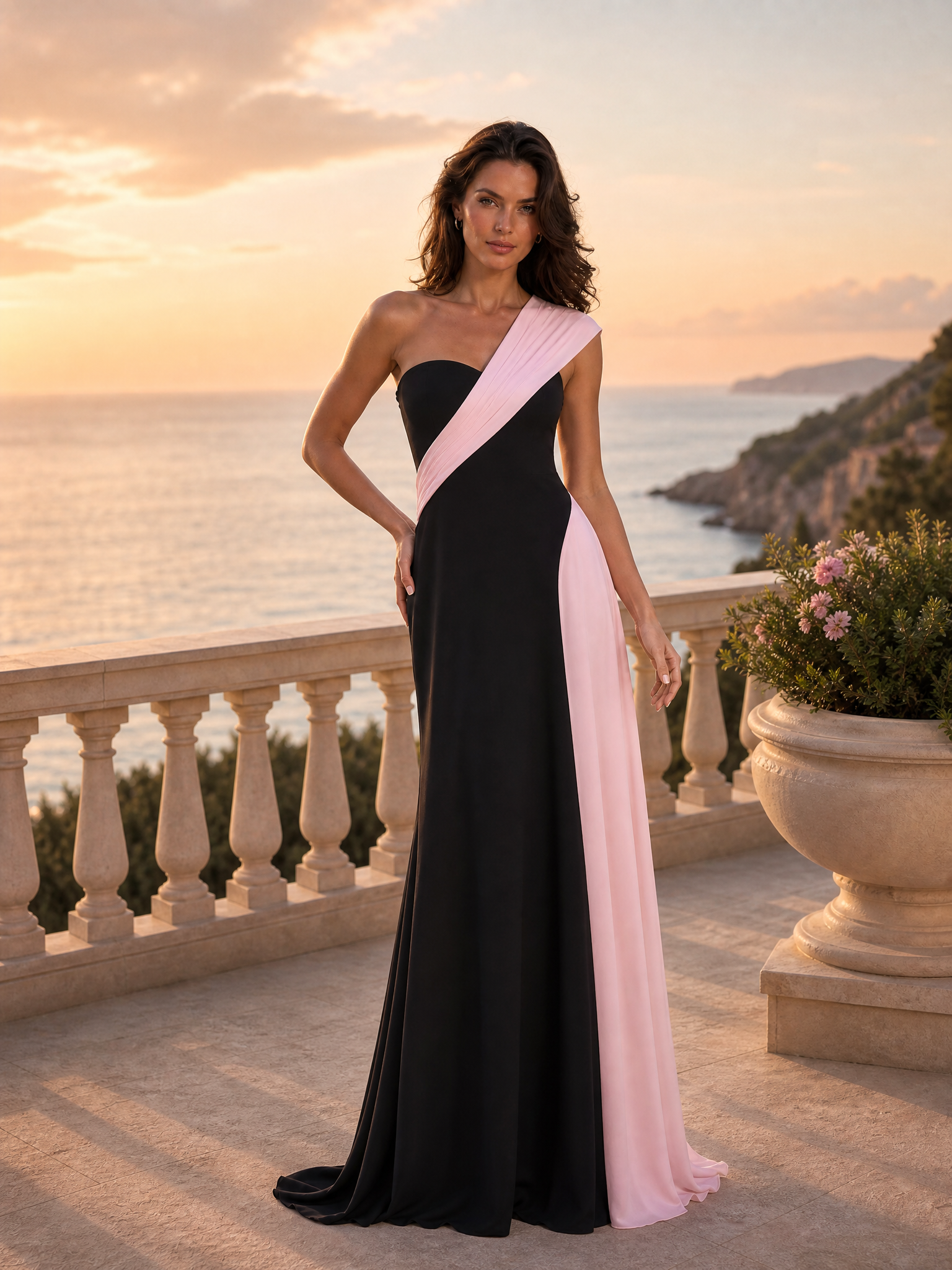 One-Shoulder Color-Blocked Black and Pink Draped Evening Dresses