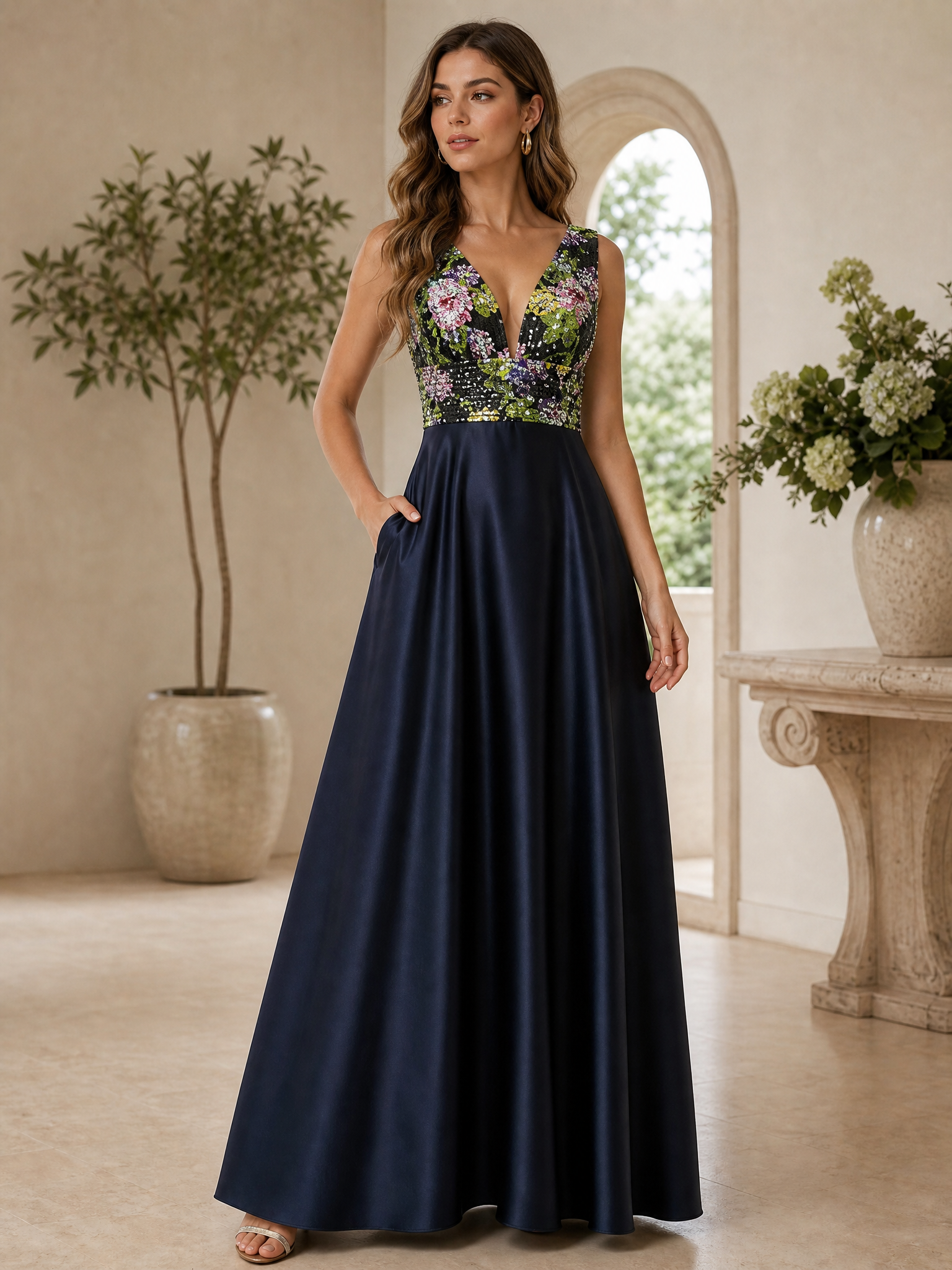 Navy Satin and Sequin Floral V-Neck A-Line Floor-Length Gown Dress