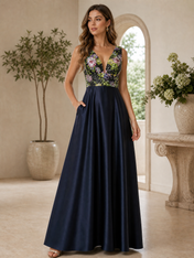 Navy Satin and Sequin Floral V-Neck A-Line Floor-Length Gown Dress