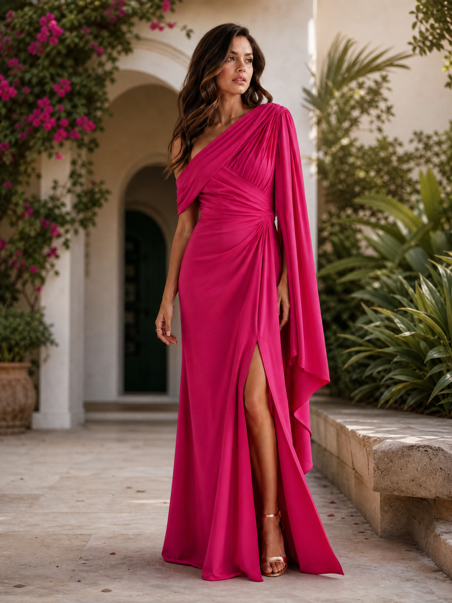 Fuchsia Chiffon One-Shoulder Draped High-Slit Sheath Floor-Length Gown Dress