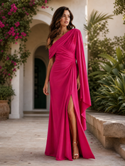 Fuchsia Chiffon One-Shoulder Draped High-Slit Sheath Floor-Length Gown Dress
