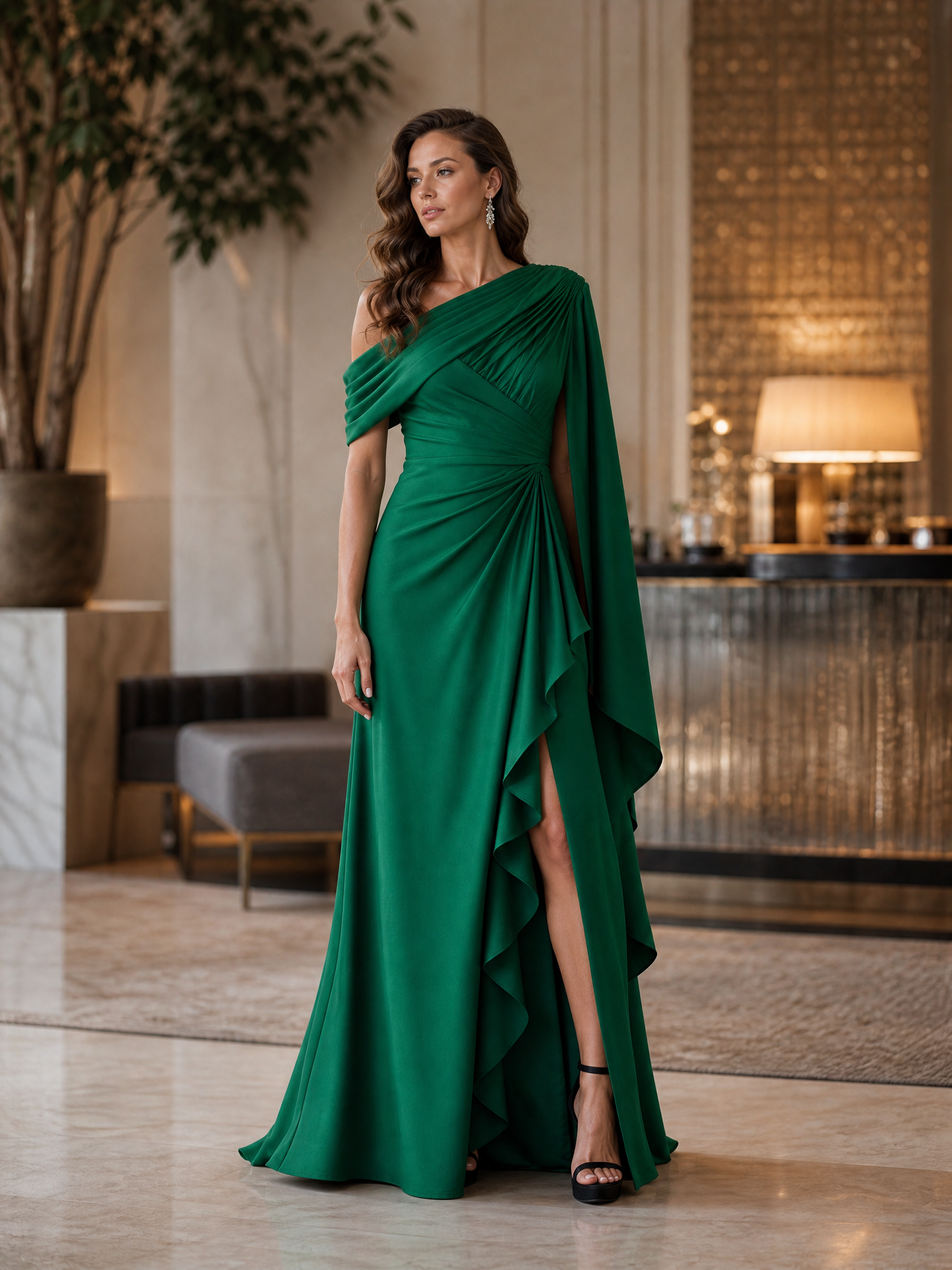 Emerald Green Chiffon One-Shoulder Draped High-Slit Sheath Floor-Length Gown Dress