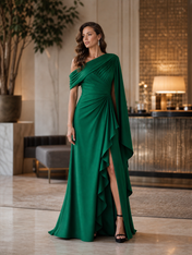 Emerald Green Chiffon One-Shoulder Draped High-Slit Sheath Floor-Length Gown Dress