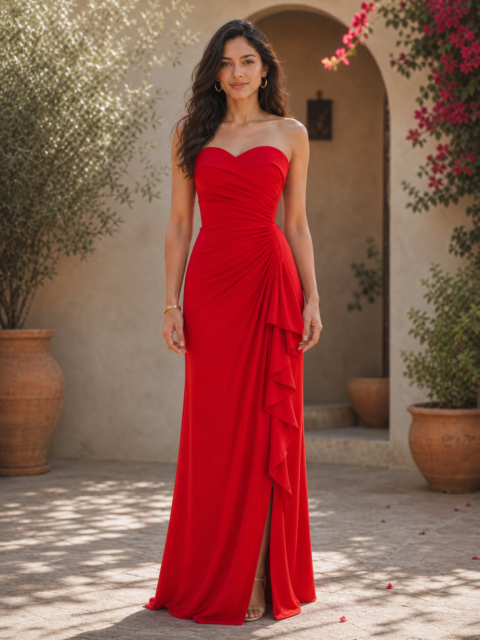 Scarlet Red Strapless Sweetheart Ruched Side-Slit Floor-Length Gown Dress