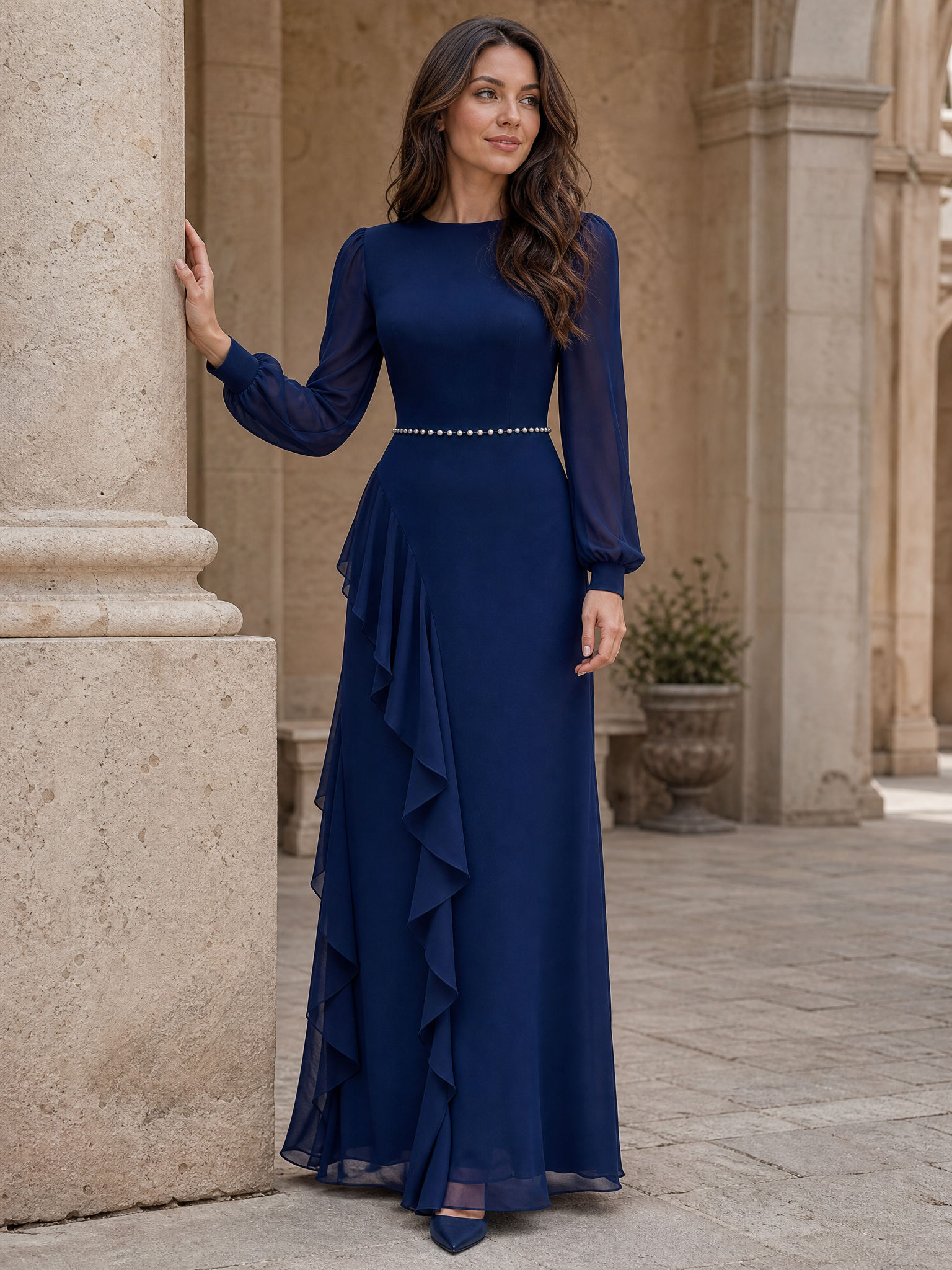 Navy Blue Crew Neck Long Sleeve Ruffled A-Line Floor-Length Gown Dress