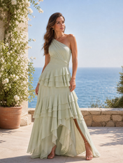 One-Shoulder Ruched Chiffon Sage Green Gown with Cascading Ruffle High Slit Evening Dresses