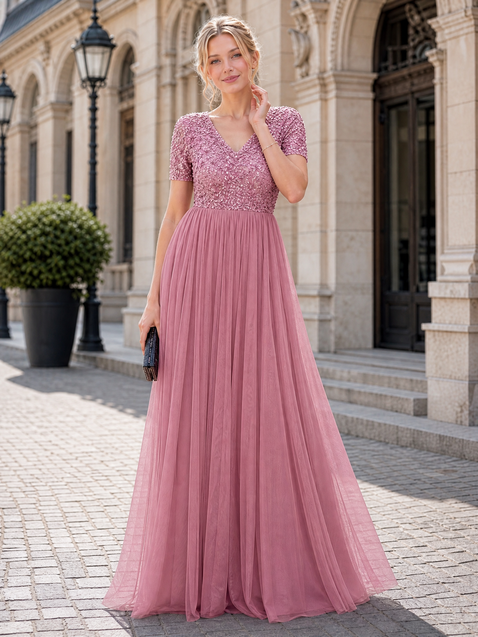 V-Neck Dusty Pink Beaded Sequin Evening Dresses with Short Sleeves and Pleated A-Line Skirt