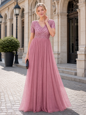 V-Neck Dusty Pink Beaded Sequin Evening Dresses with Short Sleeves and Pleated A-Line Skirt