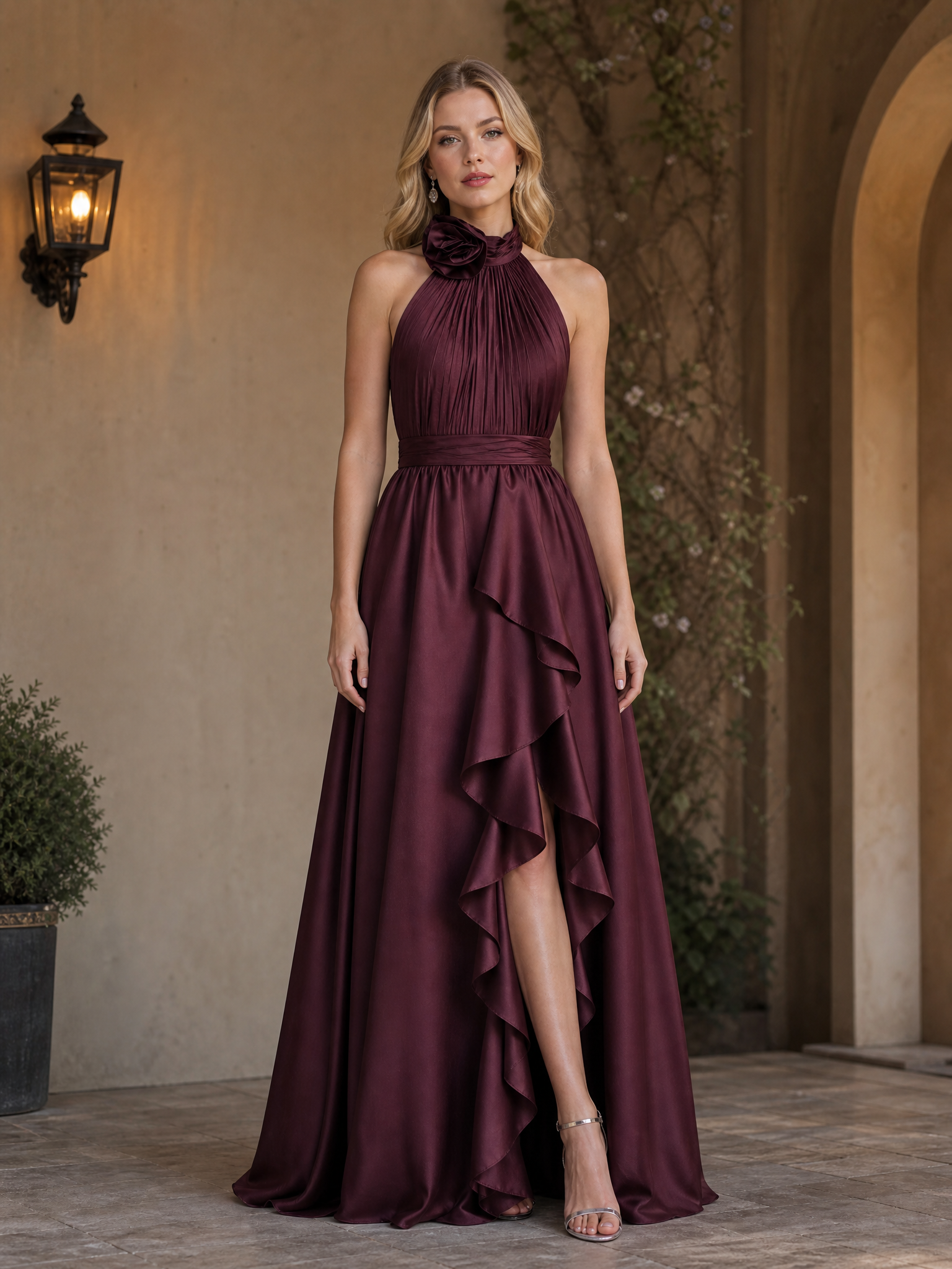Burgundy Halter Neck Ruched Ruffled High-Low Floor-Length Gown Dress