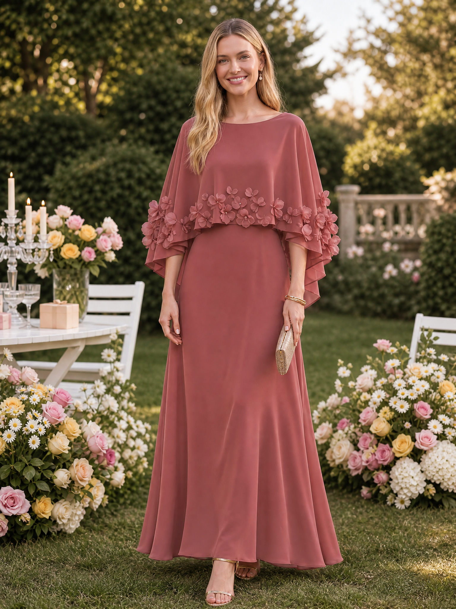 Dusty Rose Scoop Neck Capelet Applique A-Line Floor-Length Gown Dress