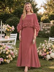 Dusty Rose Scoop Neck Capelet Applique A-Line Floor-Length Gown Dress