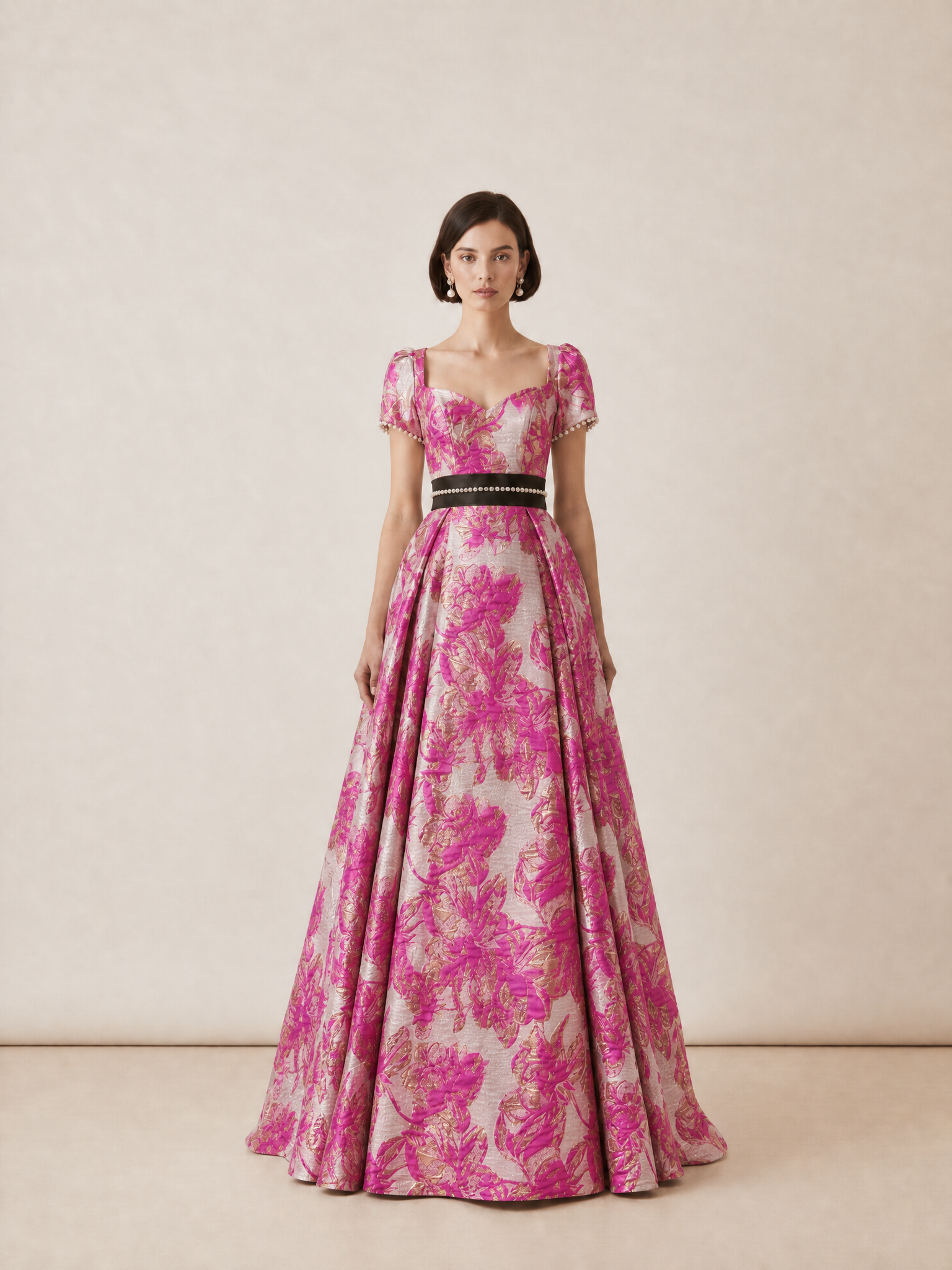 Floral Jacquard A-Line/Princess Sweetheart Floor-Length Evening Dresses with Pearl Belt and Puff Sleeves
