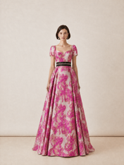 Floral Jacquard A-Line/Princess Sweetheart Floor-Length Evening Dresses with Pearl Belt and Puff Sleeves