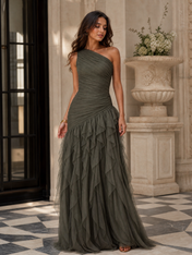 Emerald Green One-Shoulder Ruched Asymmetric Ruffle Chiffon Floor-Length Gown Dress
