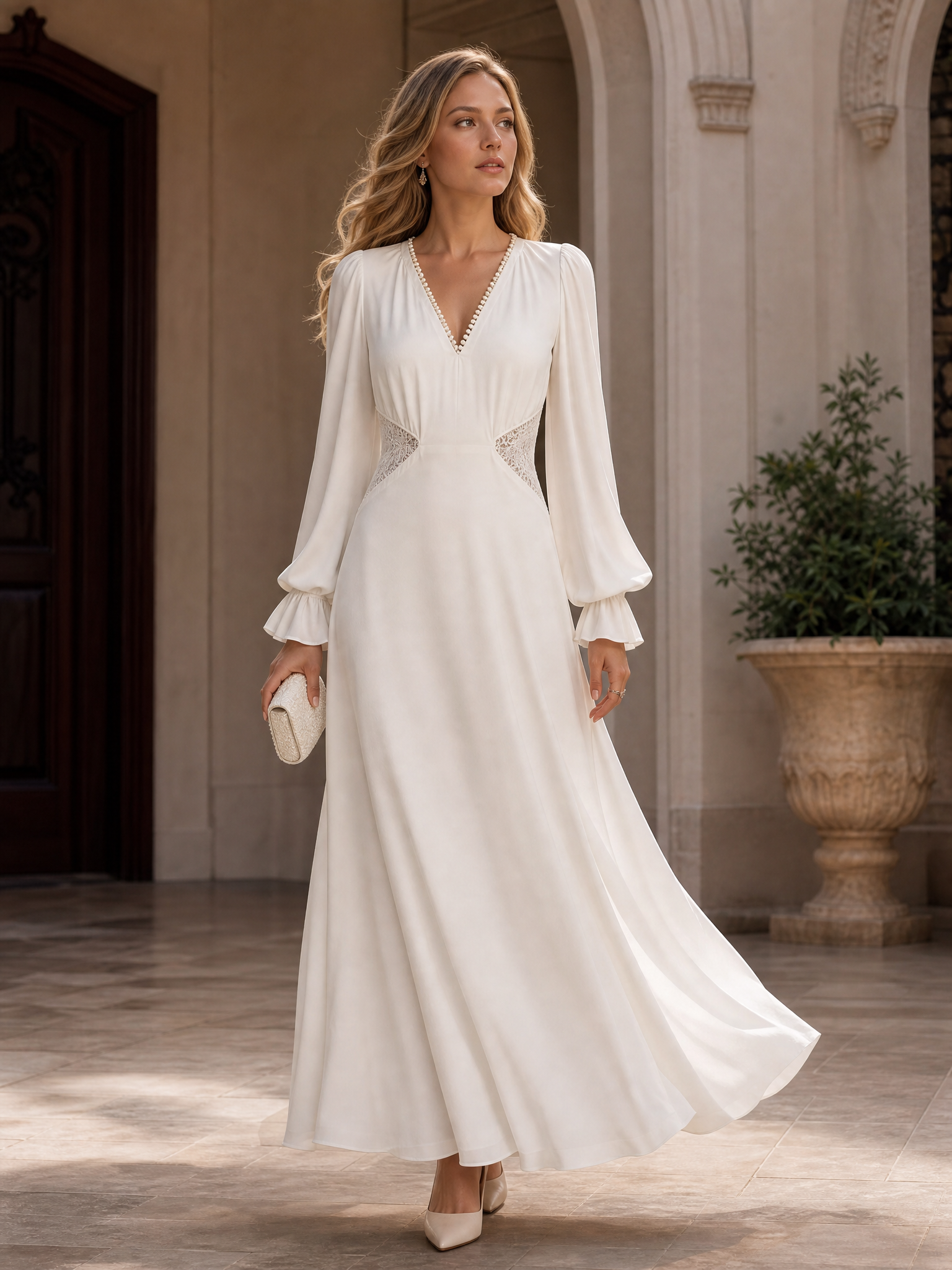 Ivory White V-Neck Long Sleeve Lace-Paneled Floor-Length Gown Dress