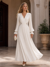 Ivory White V-Neck Long Sleeve Lace-Paneled Floor-Length Gown Dress