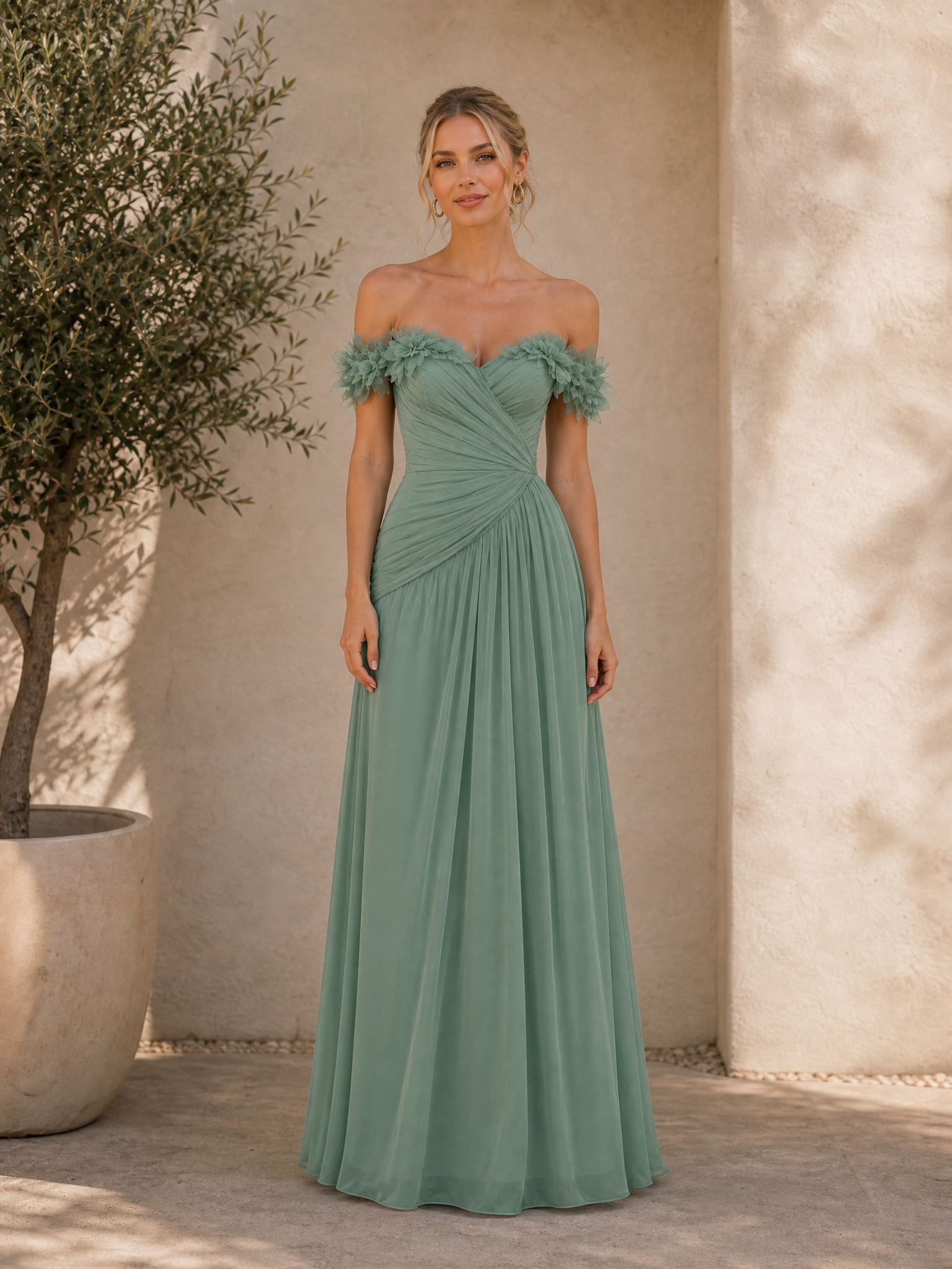 Sage Green Off-the-Shoulder Ruched Chiffon Floor-Length Gown Dress