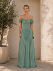 Sage Green Off-the-Shoulder Ruched Chiffon Floor-Length Gown Dress