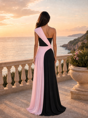 One-Shoulder Color-Blocked Black and Pink Draped Evening Dresses