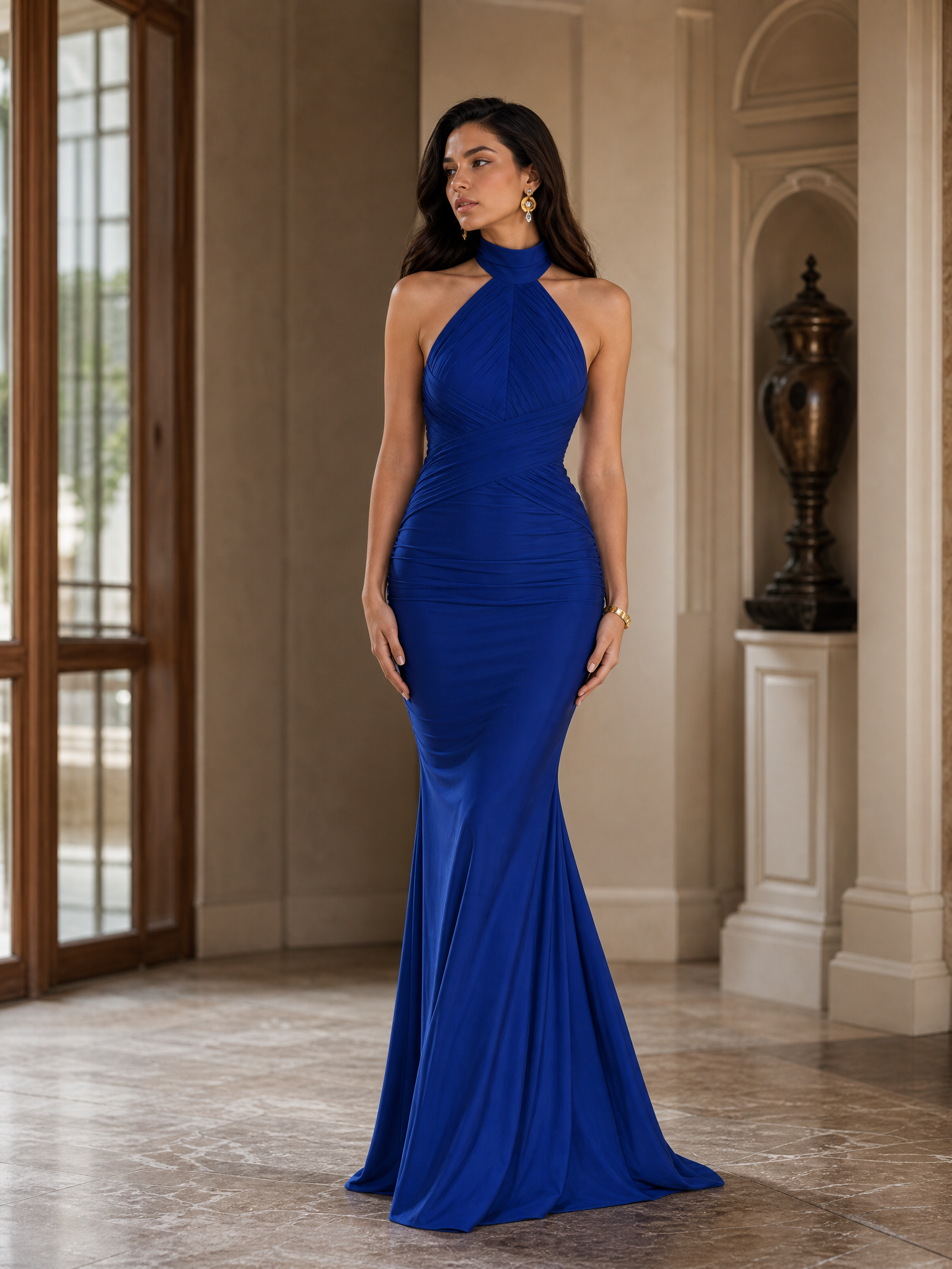Royal Blue High Neck Halter Ruched Jersey Floor-Length Gown Dress