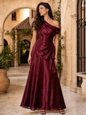Burgundy One-Shoulder Draped Satin-Finish Floor-Length Gown Dress