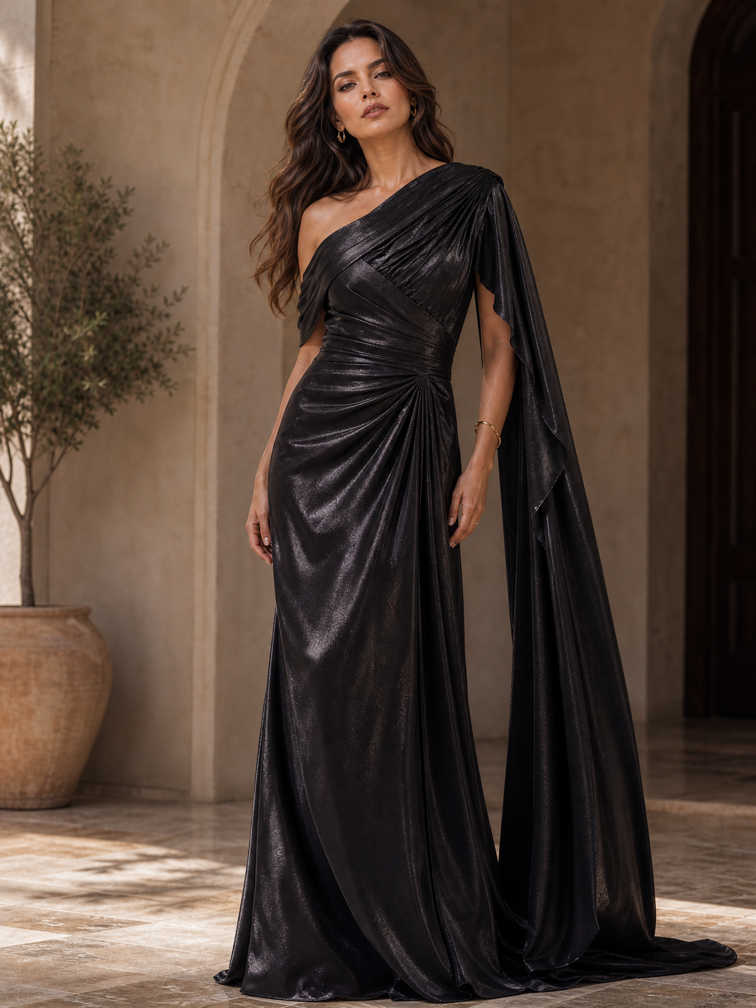 Black One-Shoulder Ruched Shimmer Floor-Length Gown Dress