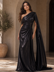 Black One-Shoulder Ruched Shimmer Floor-Length Gown Dress