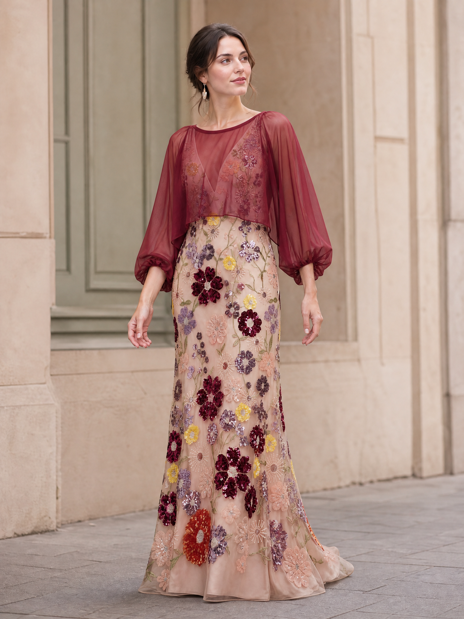 Burgundy Multi-Color Floral Sequin Lace Long Sleeve Floor-Length Gown Dress