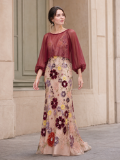 Burgundy Multi-Color Floral Sequin Lace Long Sleeve Floor-Length Gown Dress