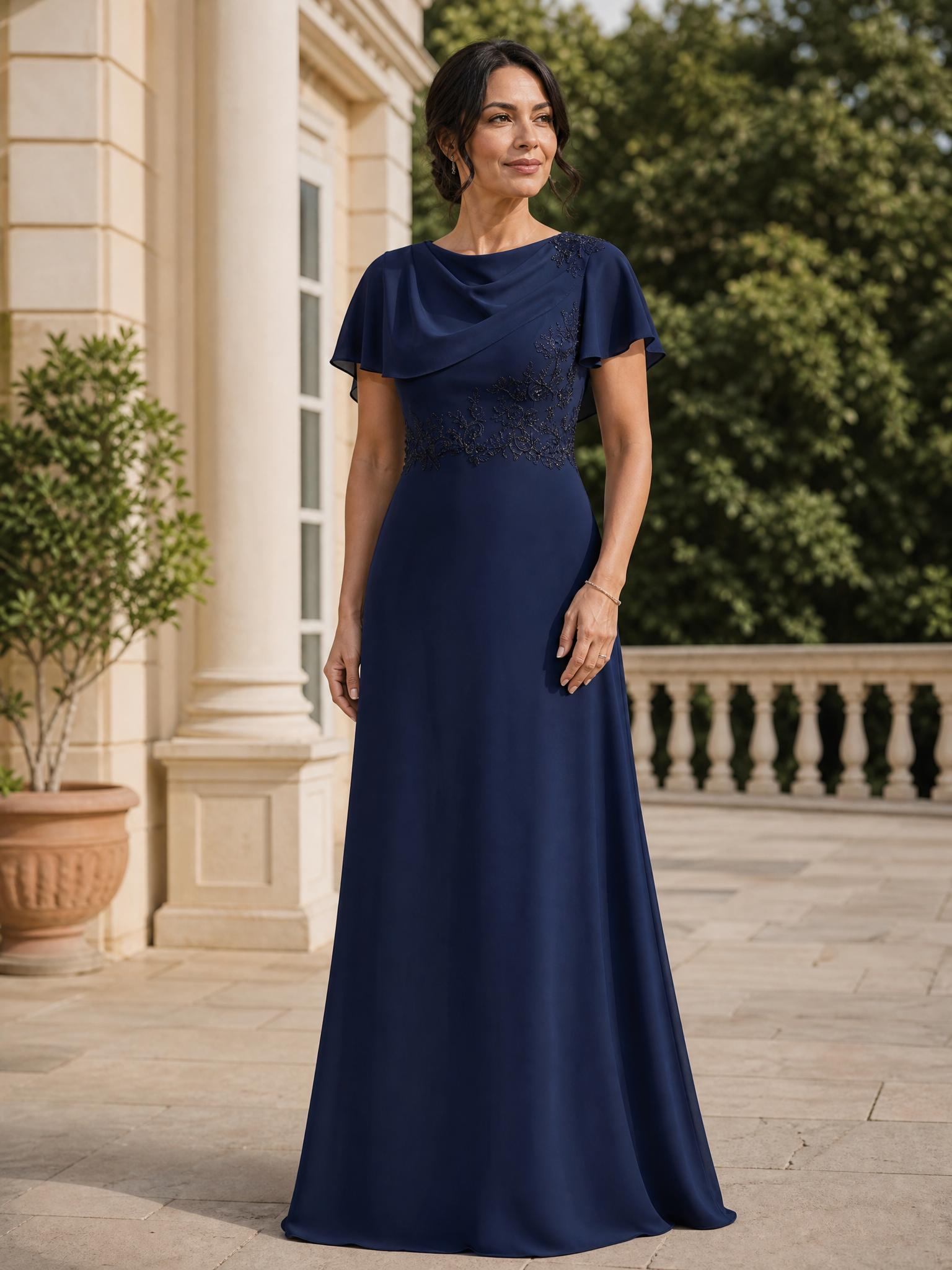 Navy Blue Cowl Neck Short Sleeved Beaded Floor-Length Gown Dress