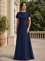 Navy Blue Cowl Neck Short Sleeved Beaded Floor-Length Gown Dress